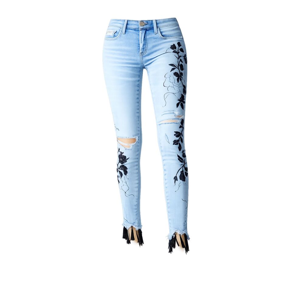 Blank NYC Crop embroidered fringe cuff Bohemian Shadow Bloom Denim Jeans